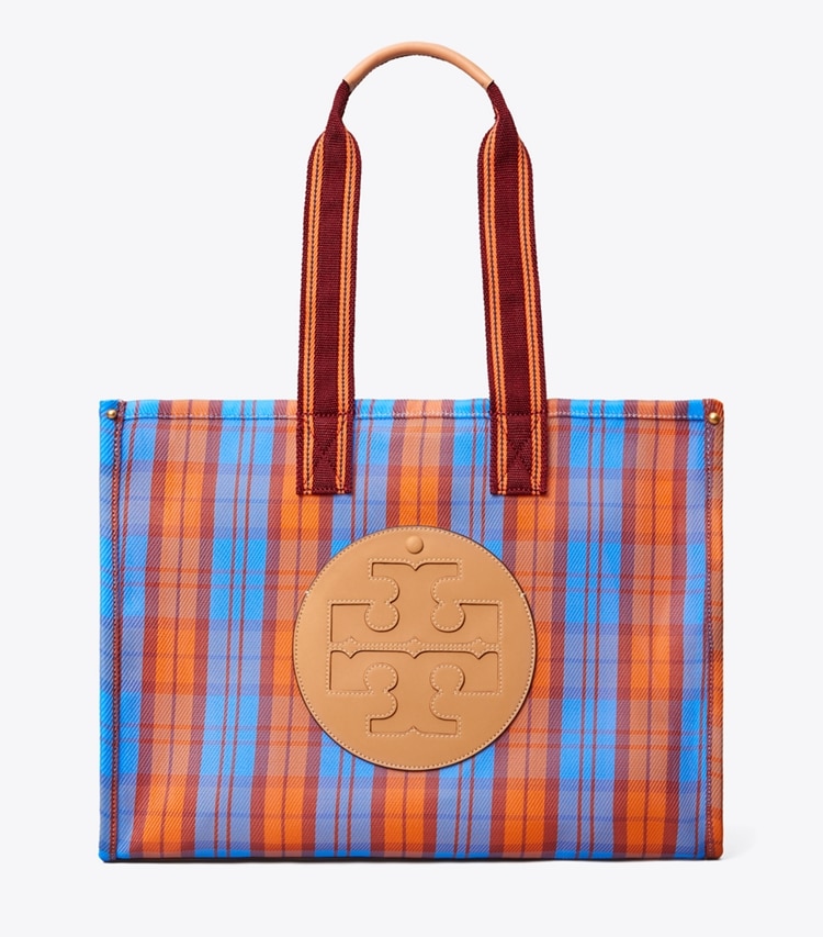 Tory Burch designer tote bags Ella Mesh Market Tote Bag in BLUE, ORANGE MERCADO PLAID front
