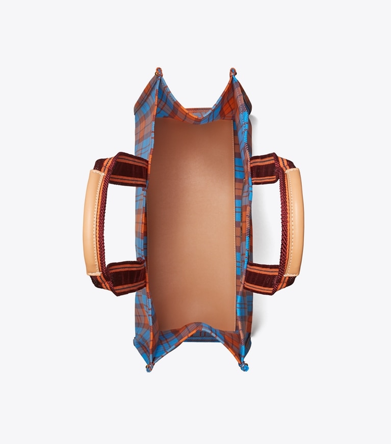 Tory Burch designer tote bags Ella Mesh Market Tote Bag in BLUE, ORANGE MERCADO PLAID angle