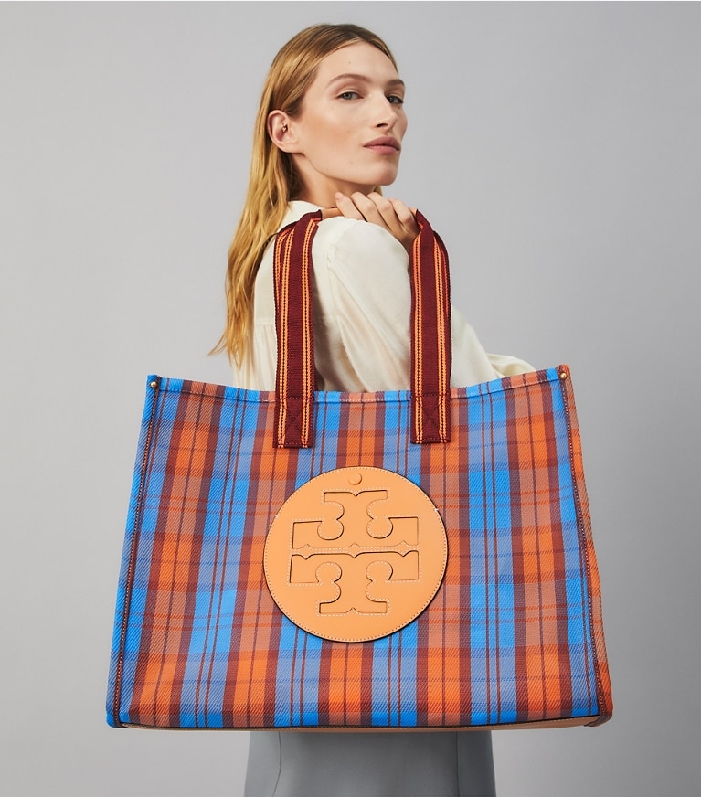 Tory Burch designer tote bags Ella Mesh Market Tote Bag in BLUE, ORANGE MERCADO PLAID angle