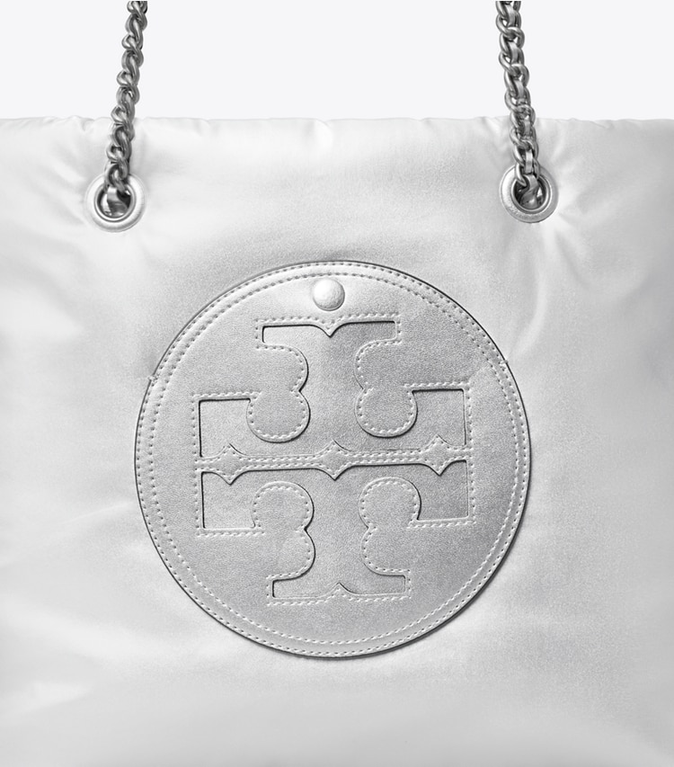 Tory Burch designer tote bags Ella Metallic Chain Soft Tote in Silver detail