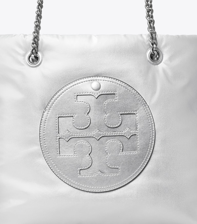 Tory Burch designer tote bags Ella Metallic Chain Soft Tote in Silver angle