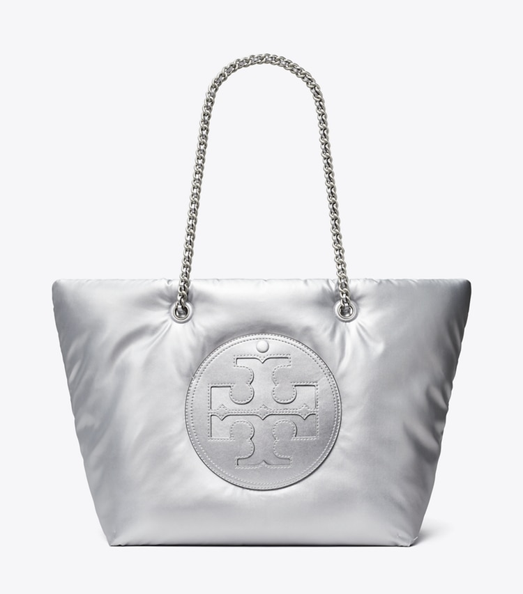 Tory Burch designer tote bags Ella Metallic Chain Soft Tote in Silver front