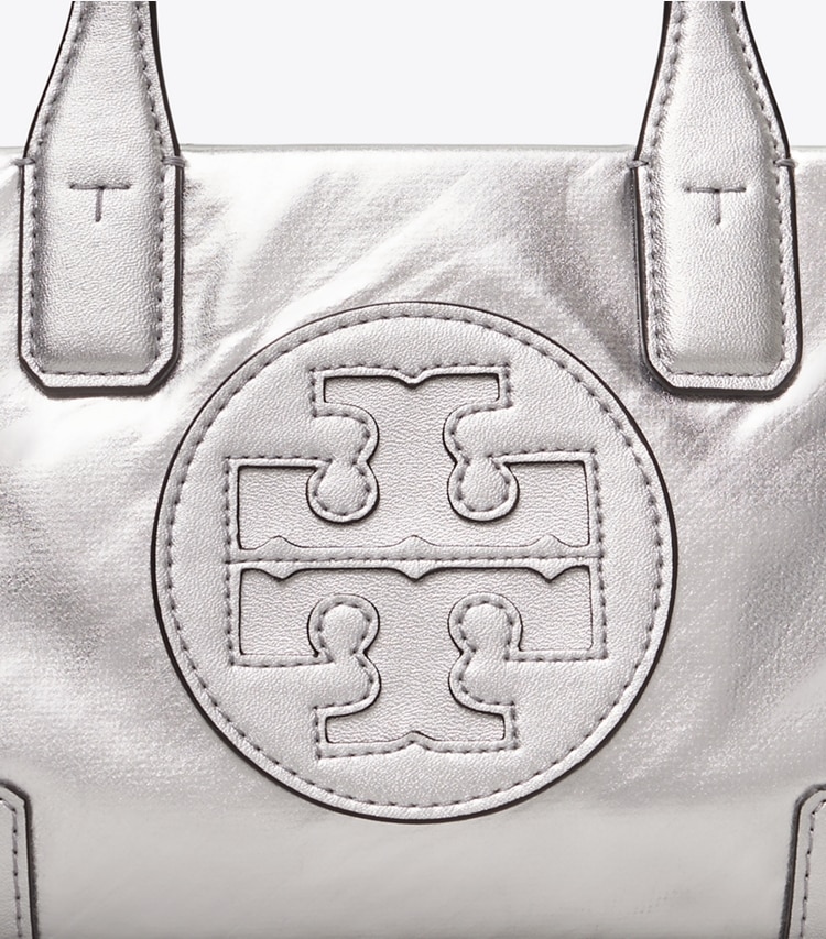 Tory Burch designer crossbody bags Ella Metallic Micro Tote in Silver detail