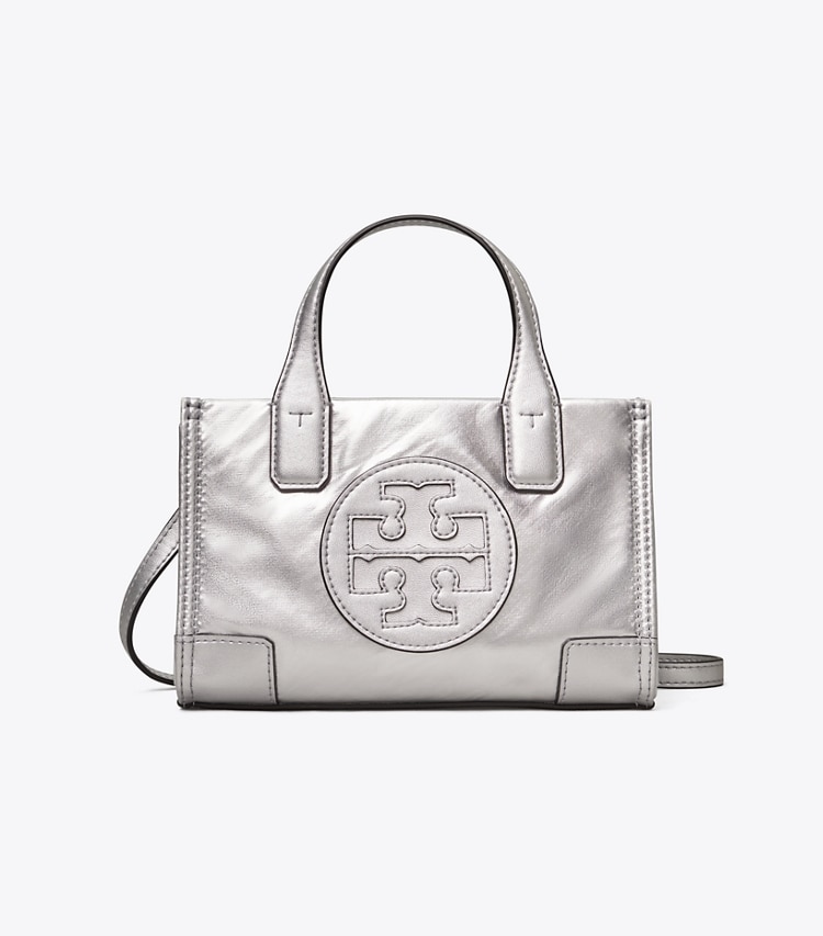 Tory Burch designer crossbody bags Ella Metallic Micro Tote in Silver front
