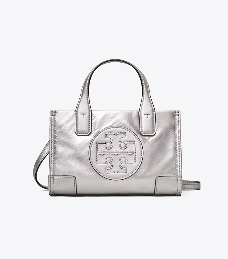 Tory Burch designer crossbody bags Ella Metallic Micro Tote in Silver angle