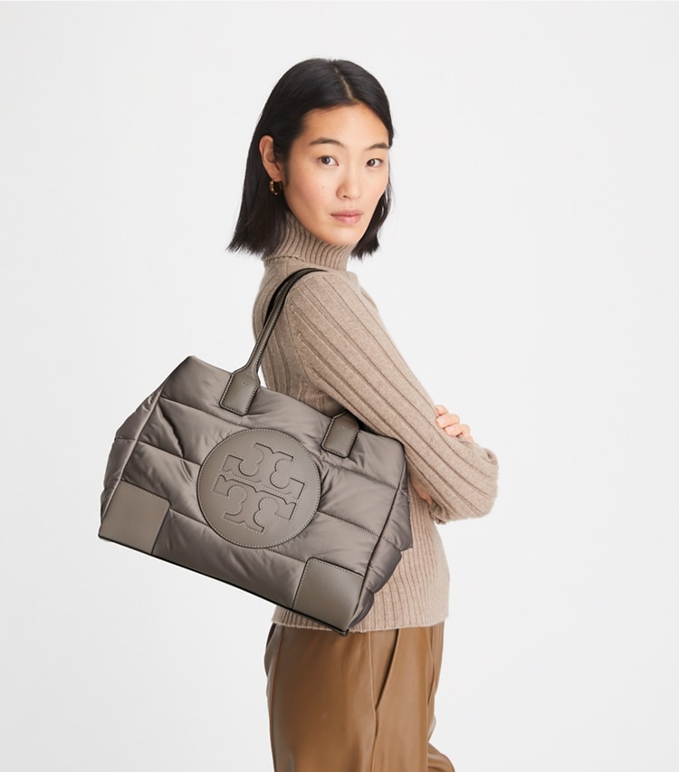 Tory Burch designer tote bags Ella Mini Puffer Tote in Gray Heron accessory on model