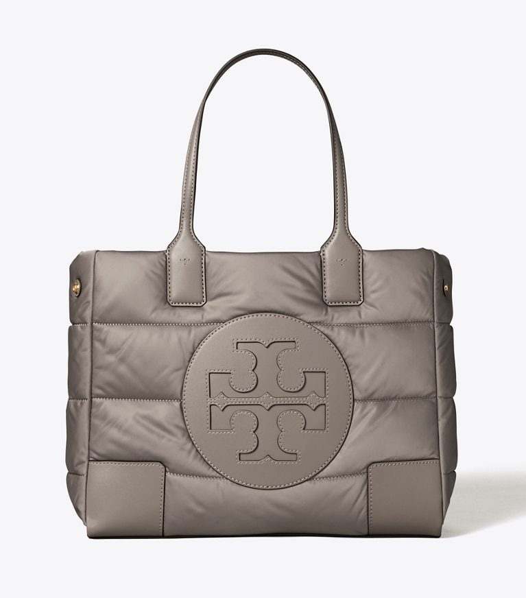 Tory Burch designer tote bags Ella Mini Puffer Tote in Gray Heron angle
