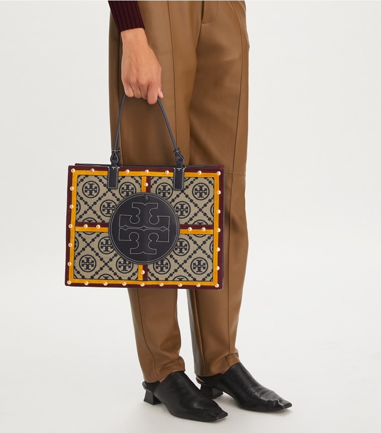Tory Burch designer tote bags Ella Monogram Quadrant Small Tote in Tory Navy Multi angle