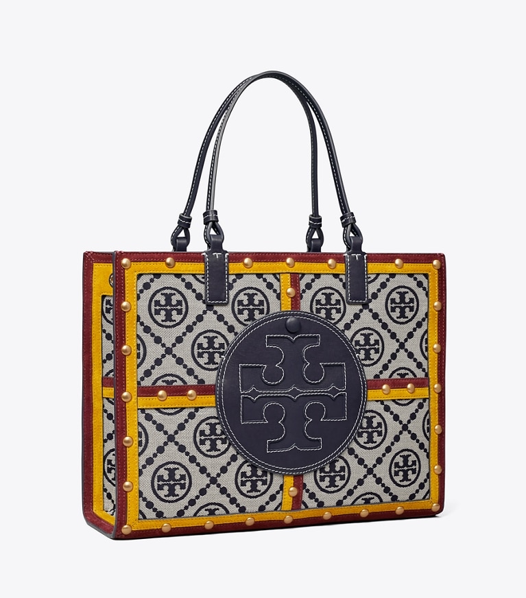 Tory Burch designer tote bags Ella Monogram Quadrant Small Tote in Tory Navy Multi angle