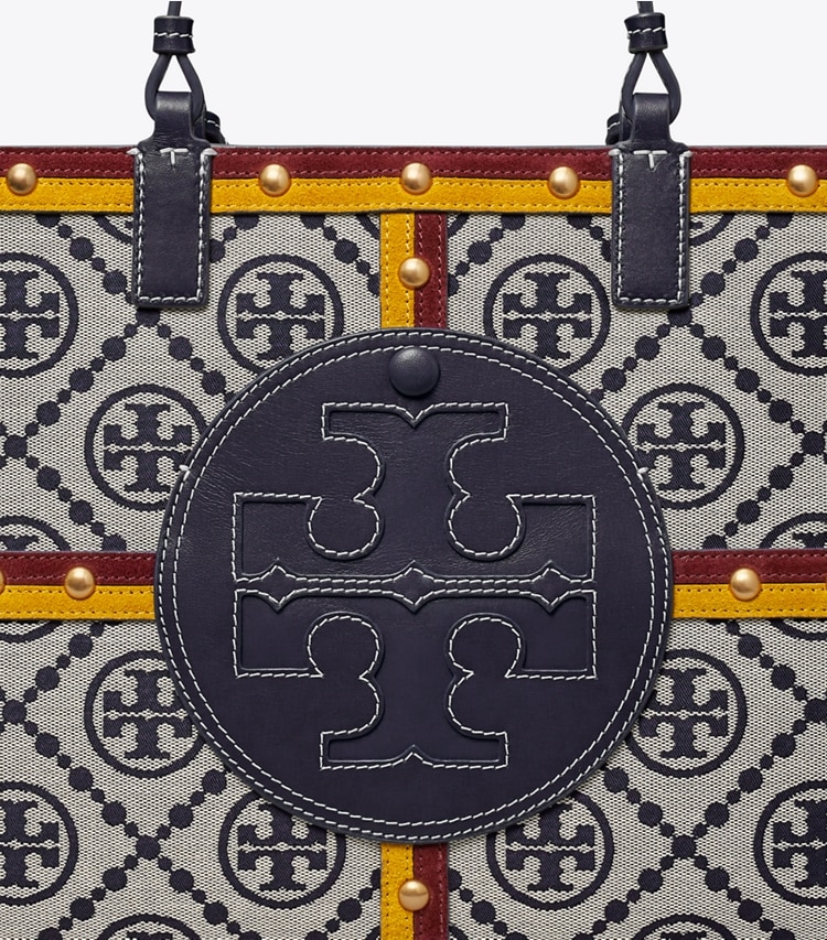 Tory Burch designer tote bags Ella Monogram Quadrant Small Tote in Tory Navy Multi detail