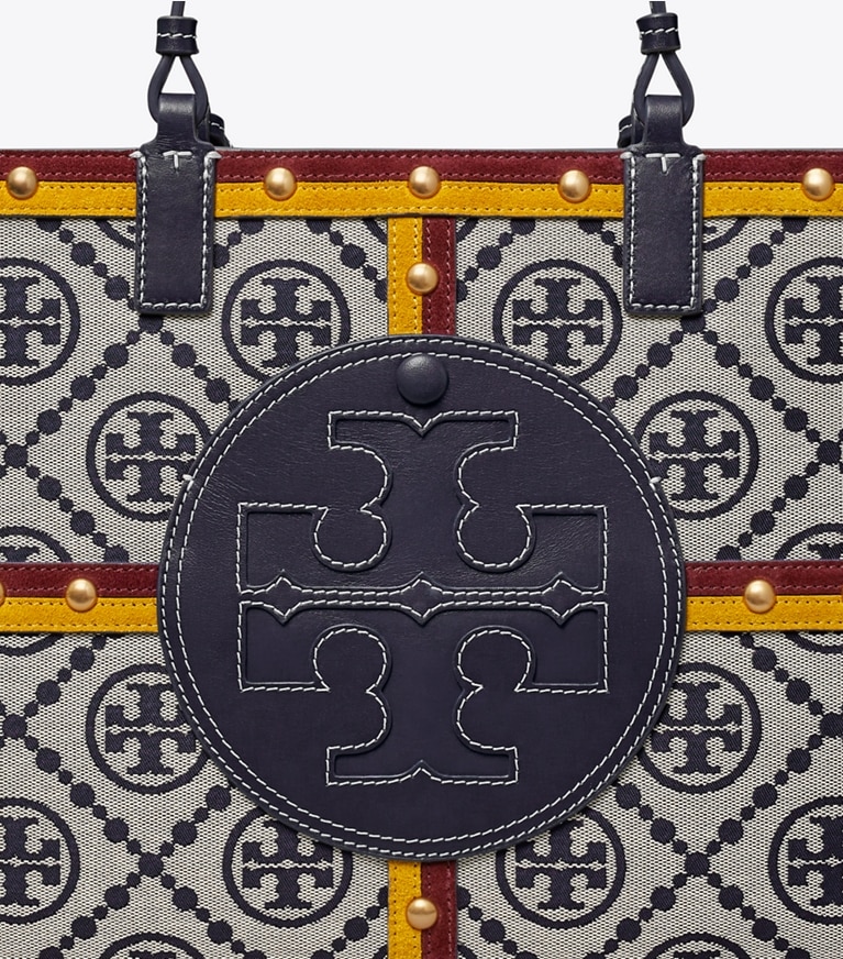 Tory Burch designer tote bags Ella Monogram Quadrant Small Tote in Tory Navy Multi angle