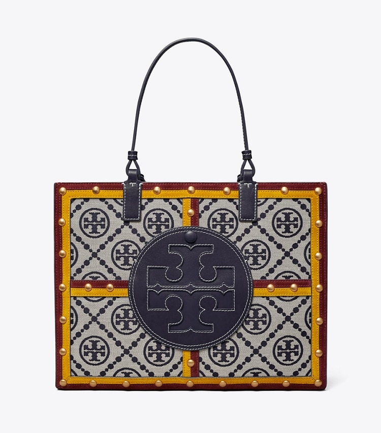 Tory Burch designer tote bags Ella Monogram Quadrant Small Tote in Tory Navy Multi front