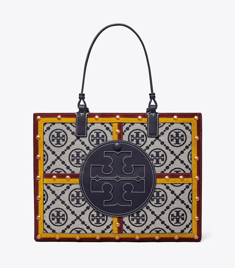 Tory Burch designer tote bags Ella Monogram Quadrant Small Tote in Tory Navy Multi angle
