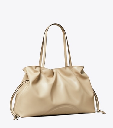Tory Burch designer tote bags Ella natuura™ Drawstring Tote in Light Stone angle