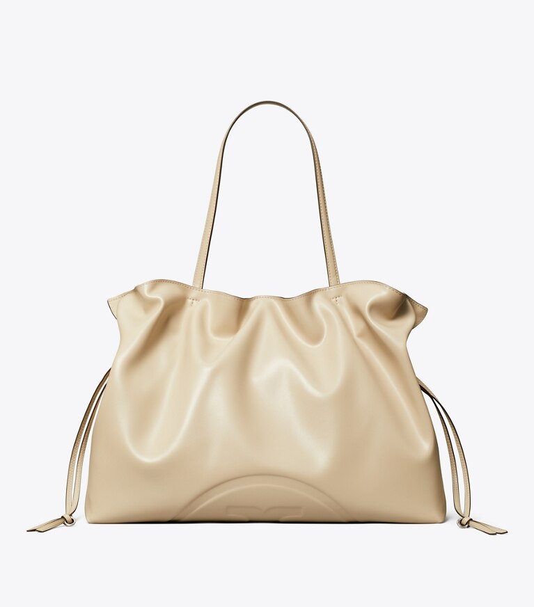 Tory Burch designer tote bags Ella natuura™ Drawstring Tote in Light Stone angle