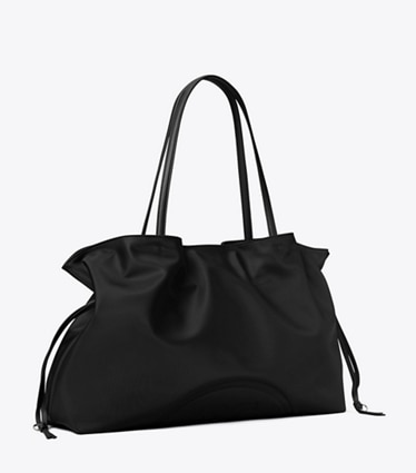 Tory Burch designer tote bags Ella Nylon Drawstring Tote in Black angle