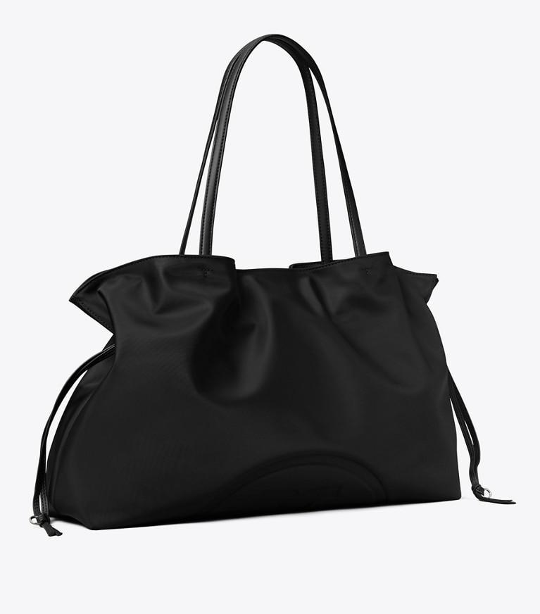 Tory Burch designer tote bags Ella Nylon Drawstring Tote in Black angle