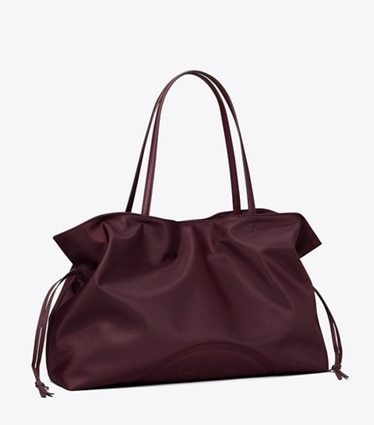Tory Burch designer tote bags Ella Nylon Drawstring Tote in Dark Carmine angle