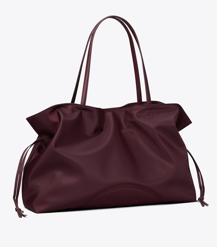 Tory Burch designer tote bags Ella Nylon Drawstring Tote in Dark Carmine angle