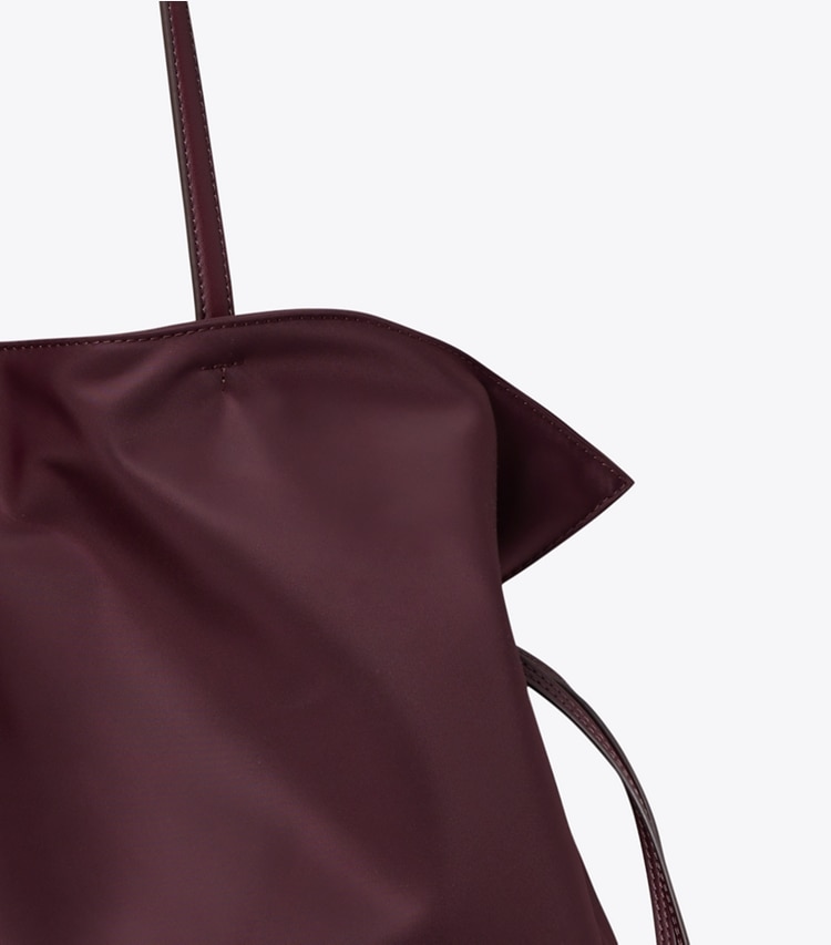 Tory Burch designer tote bags Ella Nylon Drawstring Tote in Dark Carmine detail