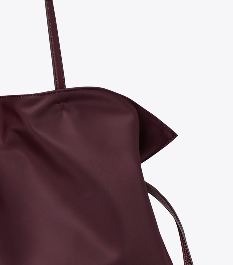 Tory Burch designer tote bags Ella Nylon Drawstring Tote in Dark Carmine detail