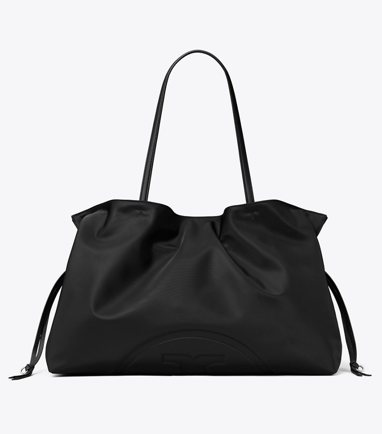 Tory Burch designer tote bags Ella Nylon Drawstring Tote in Black front