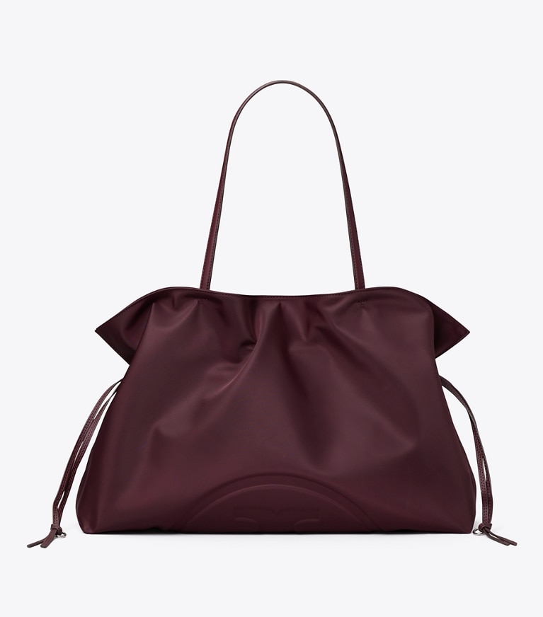 Tory Burch designer tote bags Ella Nylon Drawstring Tote in Dark Carmine front