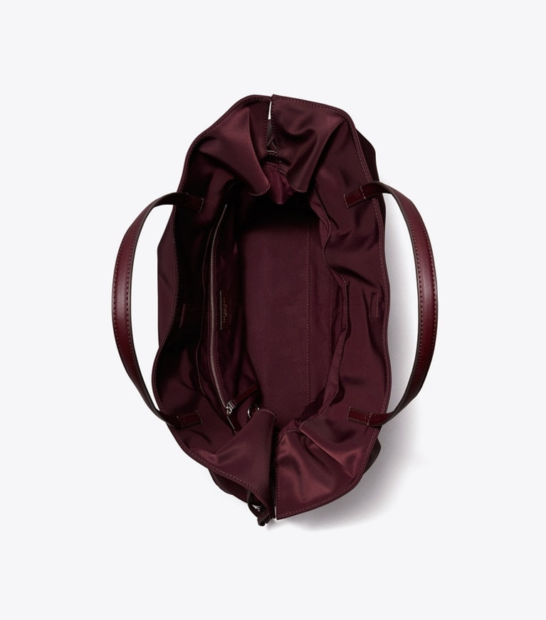 Tory Burch designer tote bags Ella Nylon Drawstring Tote in Dark Carmine overhead