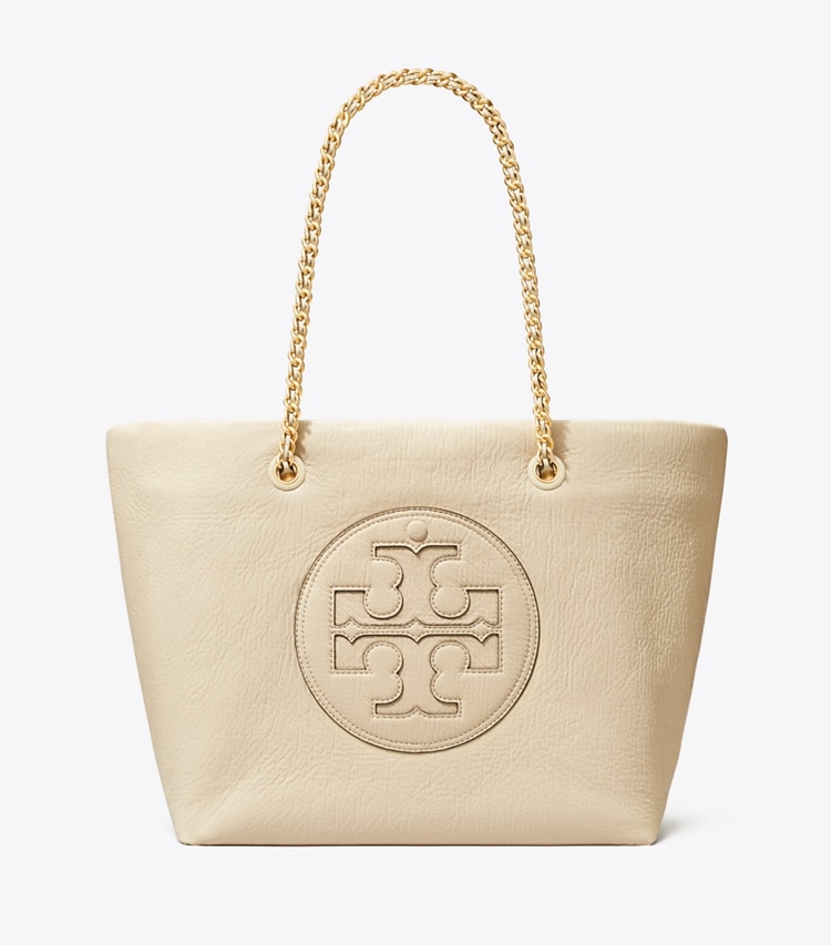 Tory Burch designer tote bags Ella Patent Chain Tote in Oats front