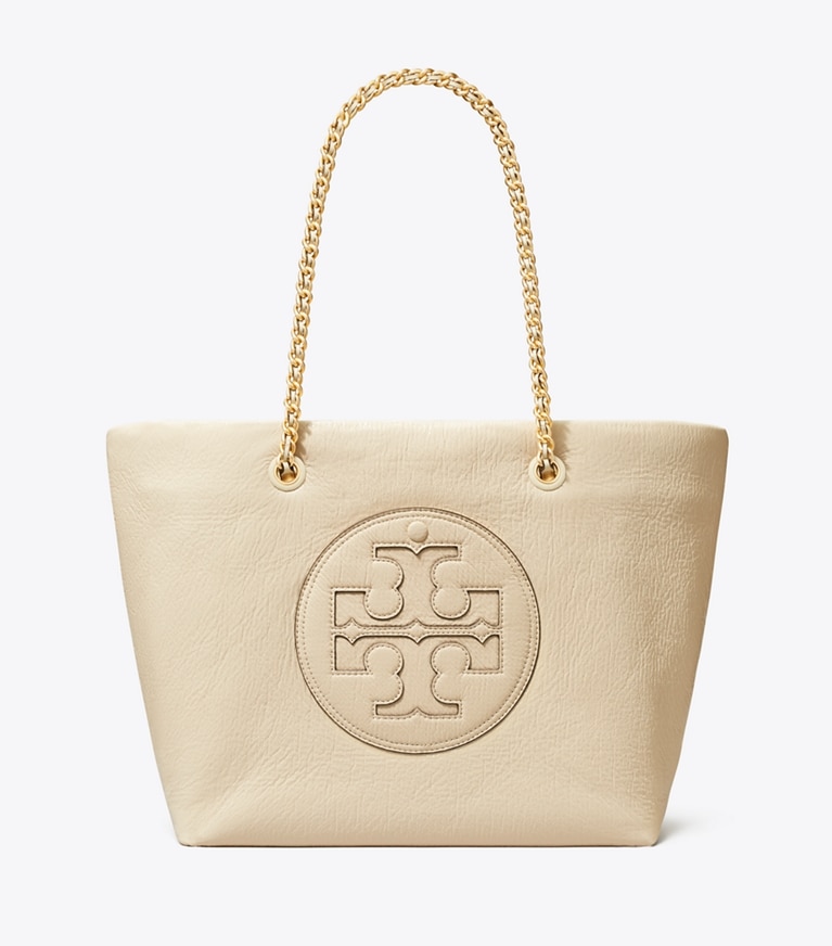 Tory Burch designer tote bags Ella Patent Chain Tote in Oats angle