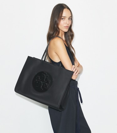 Tory Burch designer tote bags Ella Patent Tote in Black accessory on model