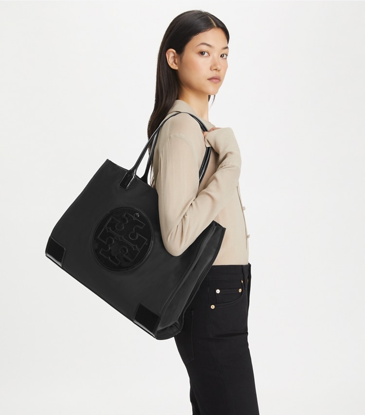Tory Burch designer tote bags Ella Patent Tote Bag in Black accessory on model