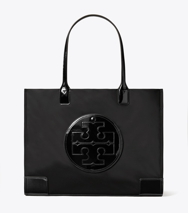 Tory Burch designer tote bags Ella Patent Tote Bag in Black front