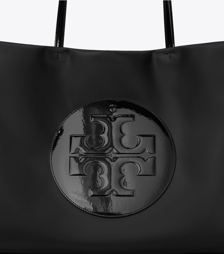 Tory Burch designer tote bags Ella Patent Tote in Black angle
