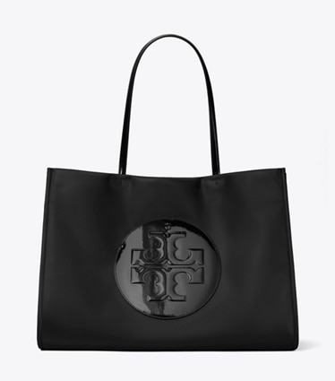 Tory Burch designer tote bags Ella Patent Tote in Black front