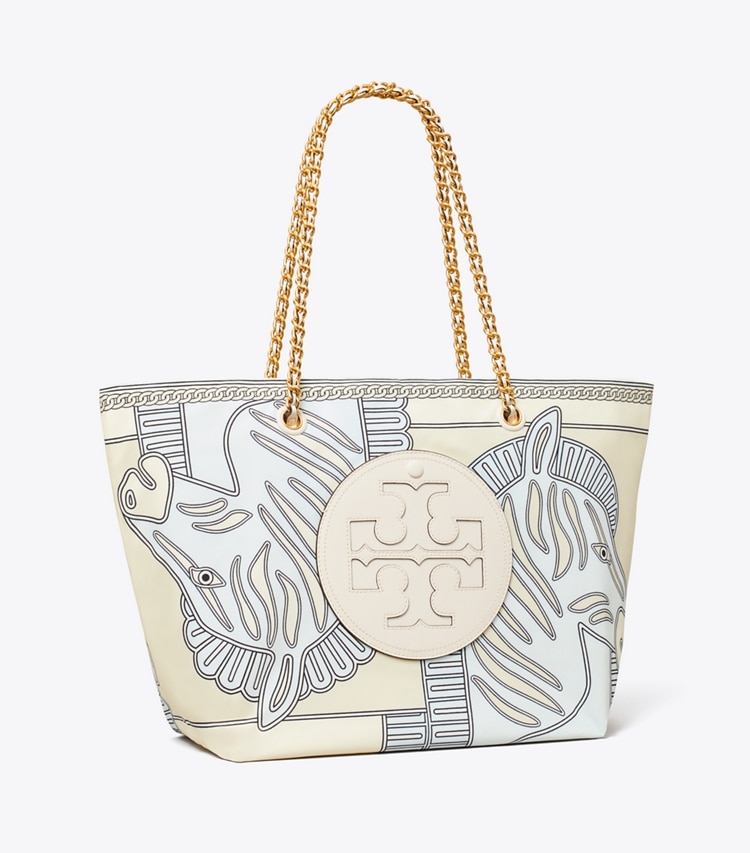 Tory Burch designer tote bags Ella Printed Chain Tote in Blue Zebra angle