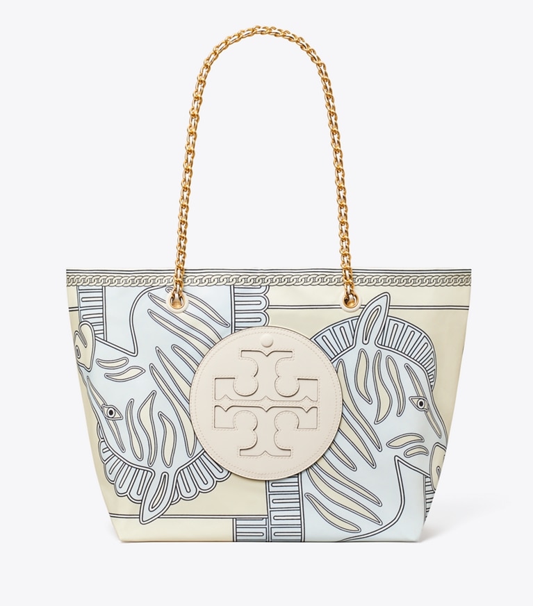 Tory Burch designer tote bags Ella Printed Chain Tote in Blue Zebra angle