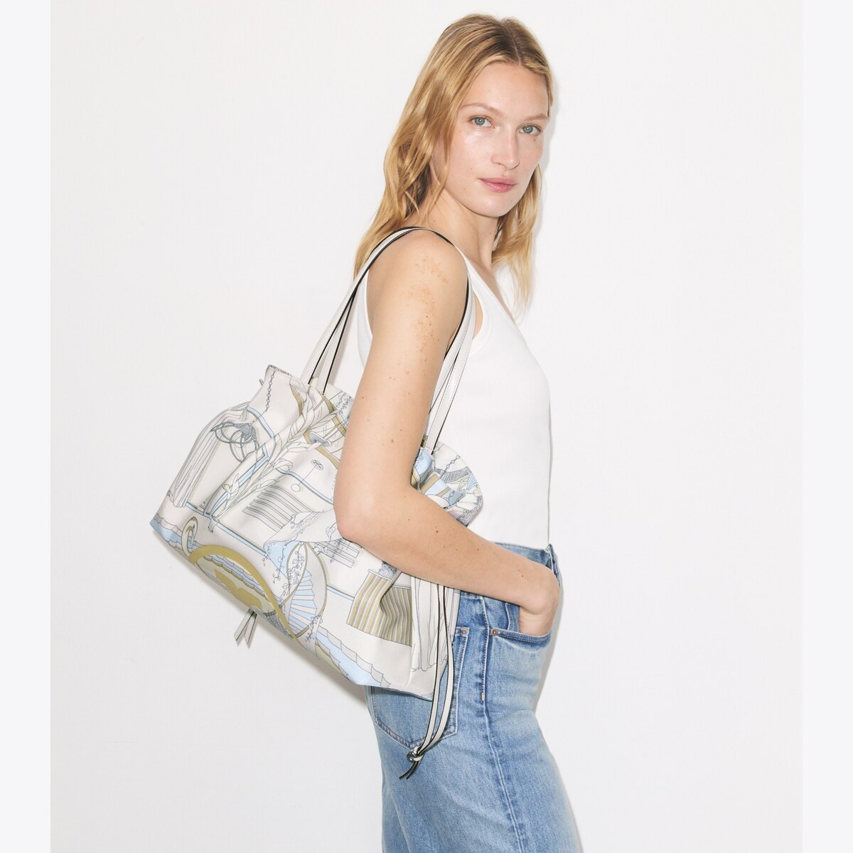 Ella Printed Drawstring Tote: Women's Designer Tote Bags | Tory Burch