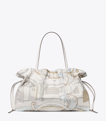 Tory Burch designer tote bags Ella Printed Drawstring Tote in The Pool Beige front