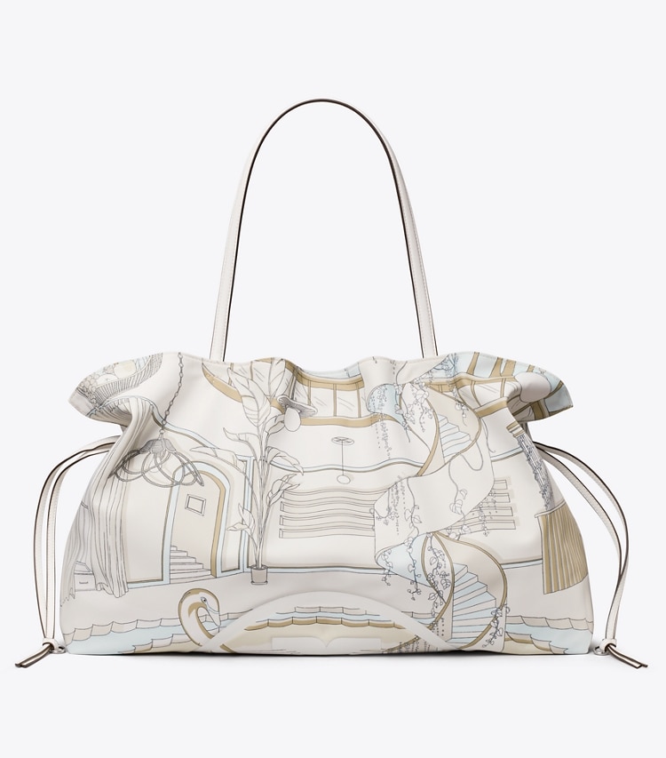 Tory Burch designer tote bags Ella Printed Drawstring Tote in The Pool Beige front