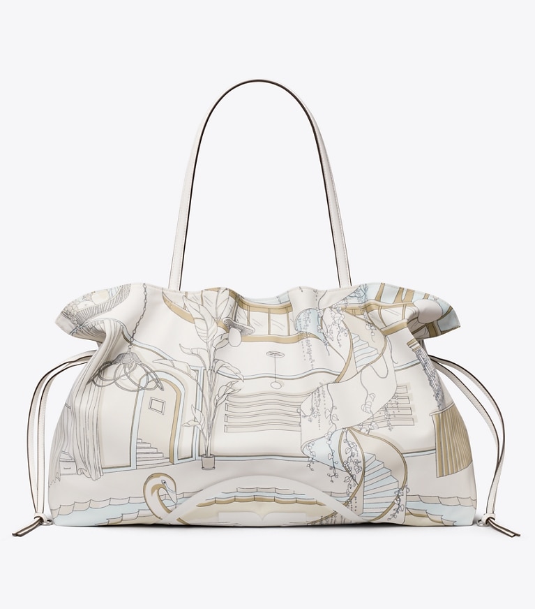 Tory Burch designer tote bags Ella Printed Drawstring Tote in The Pool Beige front