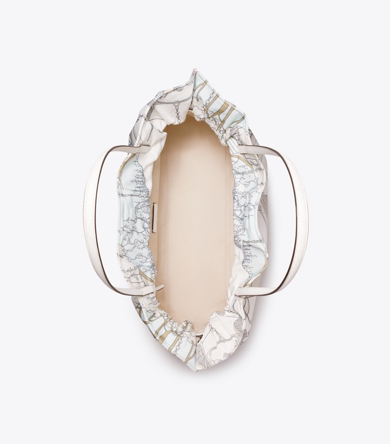 Tory Burch designer tote bags Ella Printed Drawstring Tote in The Pool Beige overhead