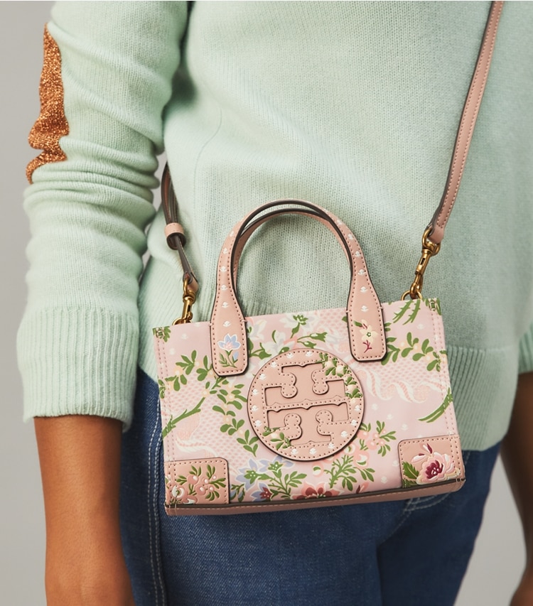 Tory Burch designer tote bags Ella Printed Micro Tote in Sugar Berry additional on model