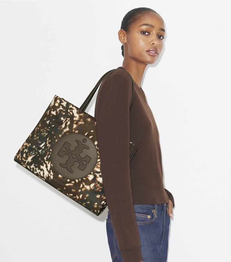 Tory Burch designer tote bags Ella Printed Nylon Small Tote in Fall Fawn angle