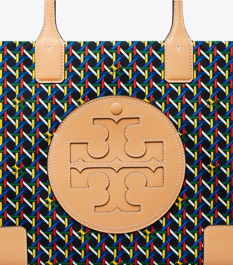 Tory Burch designer tote bags Ella Printed Small Tote in Black BASKETWEAVE detail