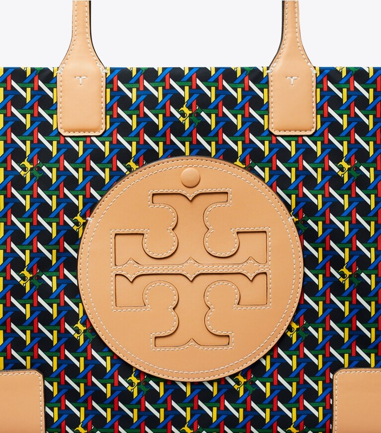 Tory Burch designer tote bags Ella Printed Small Tote in Black BASKETWEAVE angle