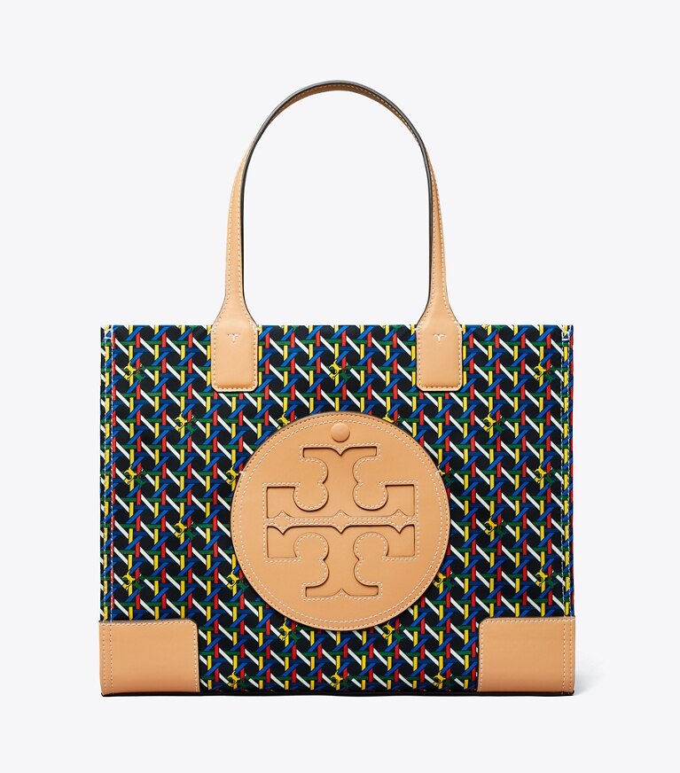 Tory Burch designer tote bags Ella Printed Small Tote in Black BASKETWEAVE angle