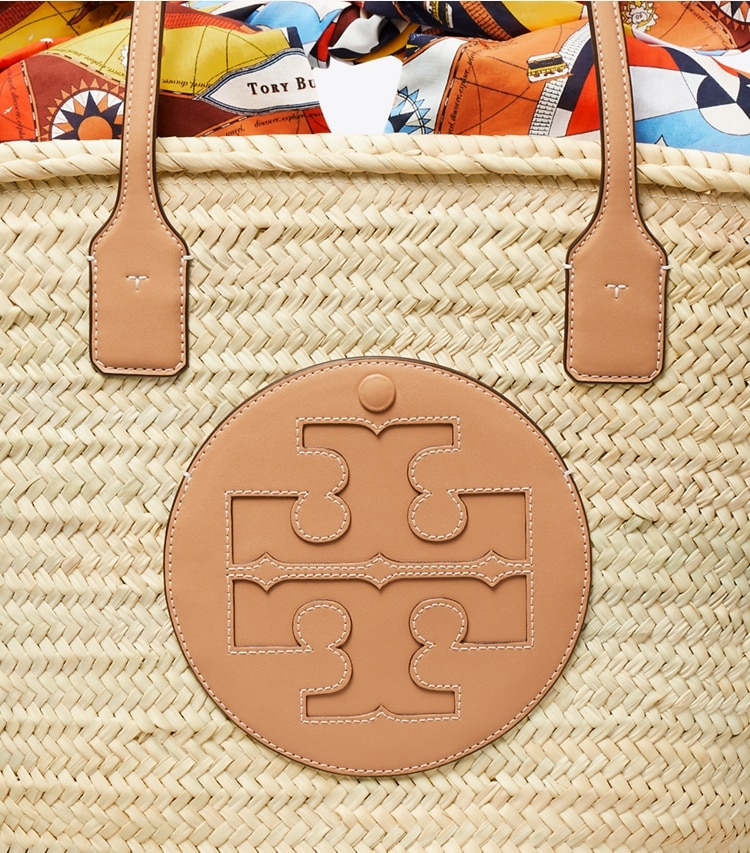 Tory Burch designer tote bags Ella Printed Straw Basket Tote Bag in NATURAL/NATURAL VACHETTA detail