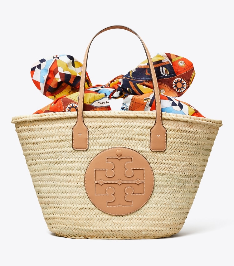 Tory Burch designer tote bags Ella Printed Straw Basket Tote Bag in NATURAL/NATURAL VACHETTA front