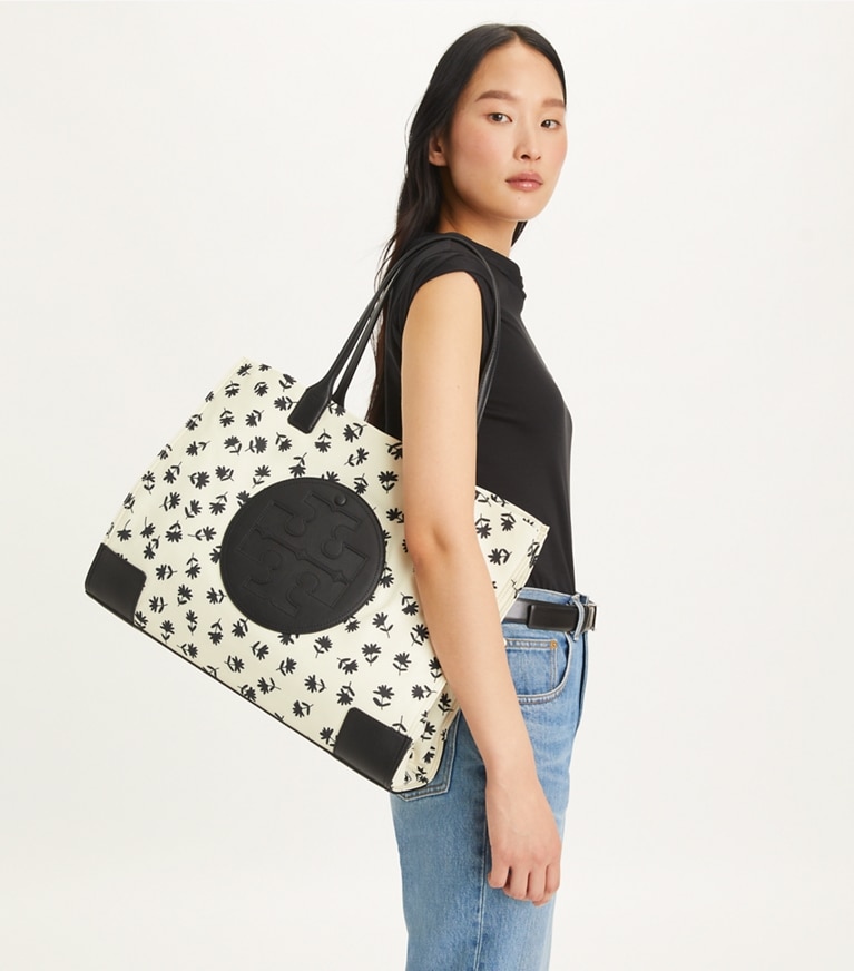 Tory Burch designer tote bags Ella Printed Tote in Black Multi Scatter Daisy angle